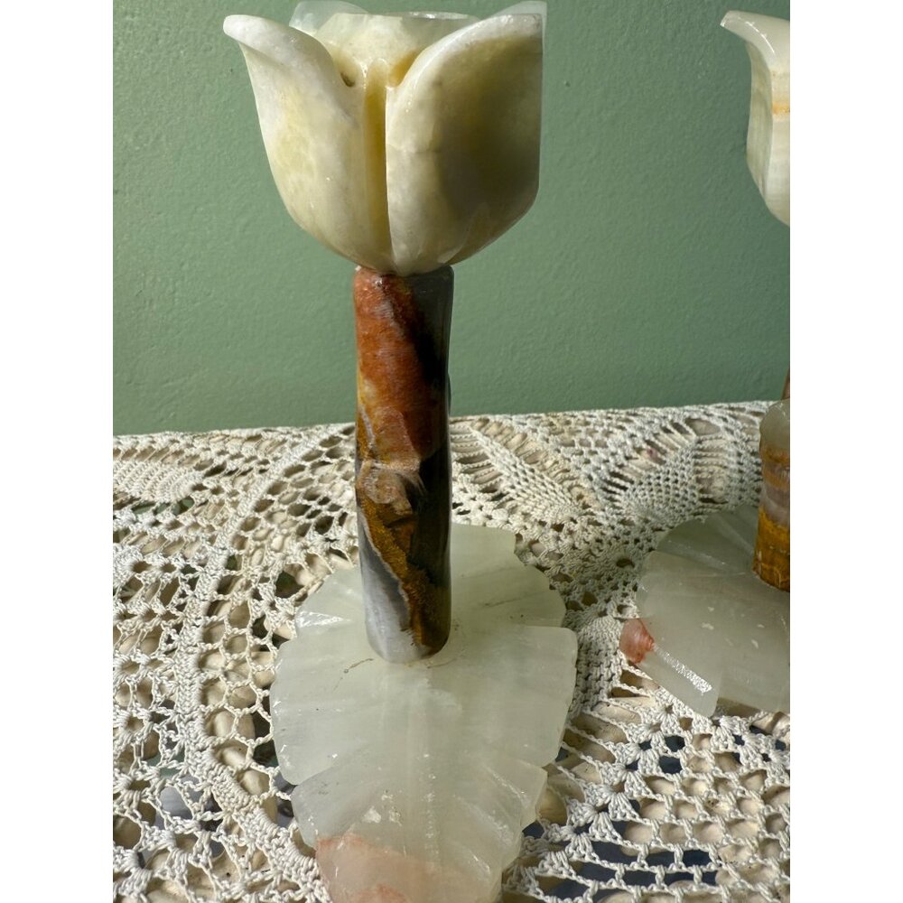 Vintage MCM Carved Onyx Flower Candle Stick Holders - Picture 7 of 16